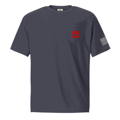 Navy blue Airplane Shirt with red airplane graphic on pocket and American flag on sleeve, unisex cotton t-shirt for pilots and aviation fans