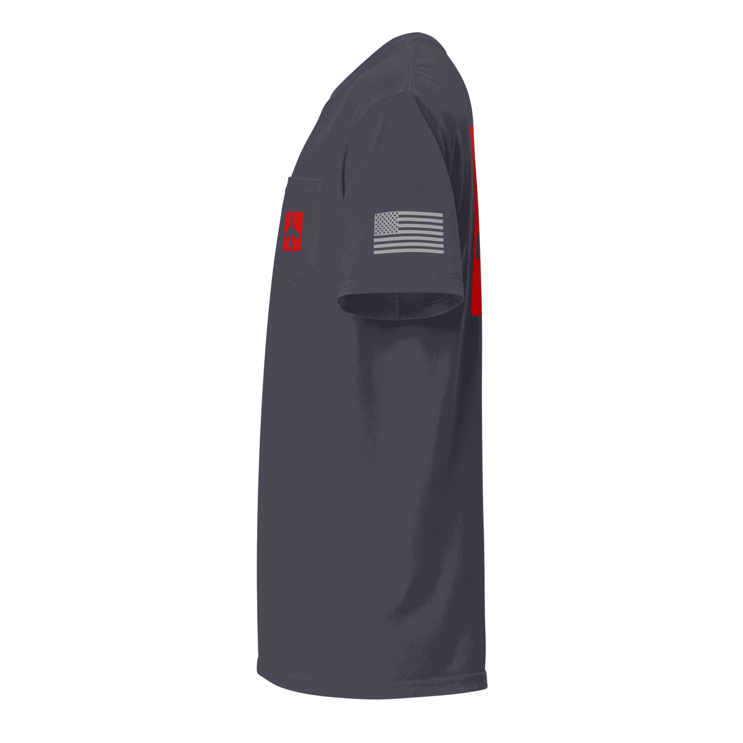 Side view of navy blue Airplane Shirt pocket t-shirt with American flag on sleeve and red airplane design on pocket, unisex pilot gift tee