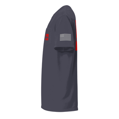 Side view of navy blue Airplane Shirt pocket t-shirt with American flag on sleeve and red airplane design on pocket, unisex pilot gift tee