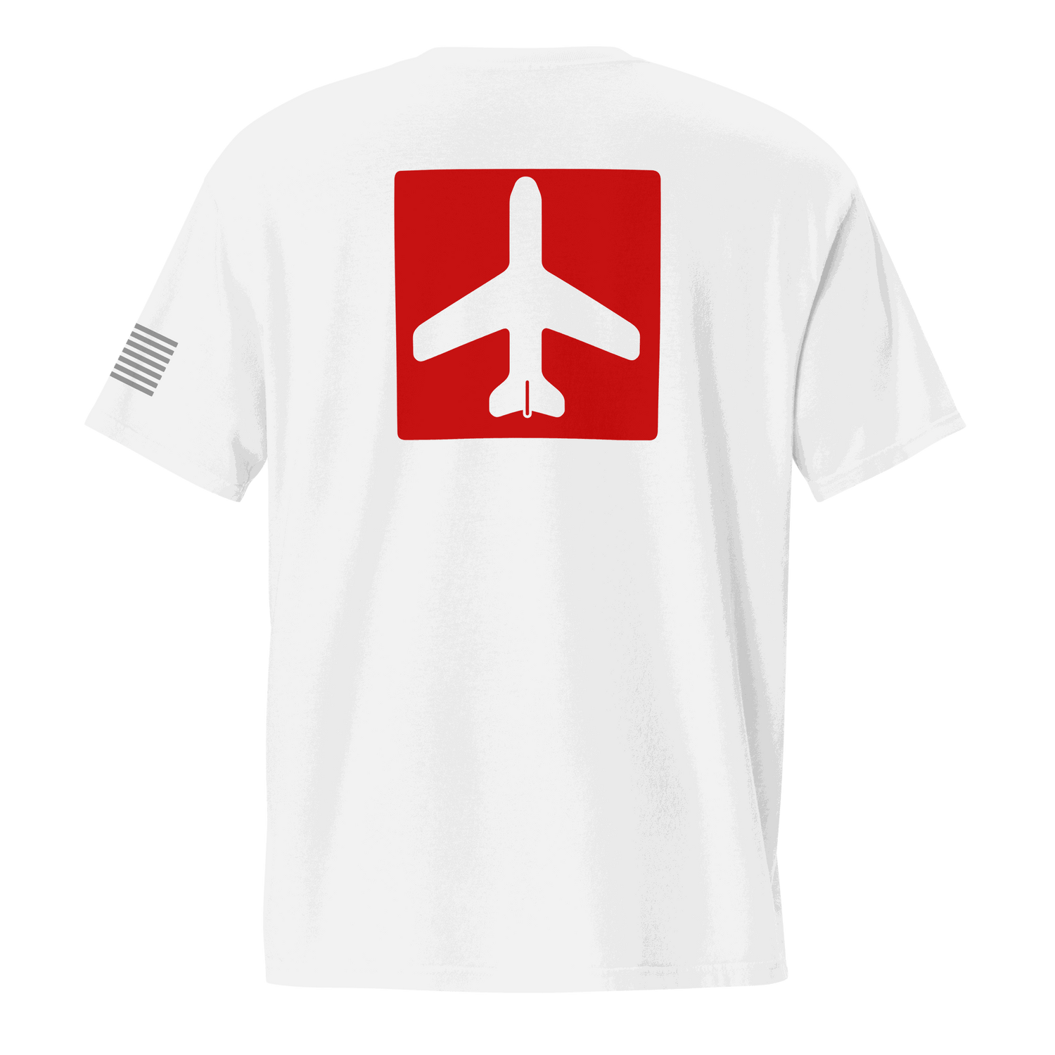 White Airplane Shirt with red airplane graphic on back and American flag on sleeve, unisex pocket tee for pilots and aviation enthusiasts