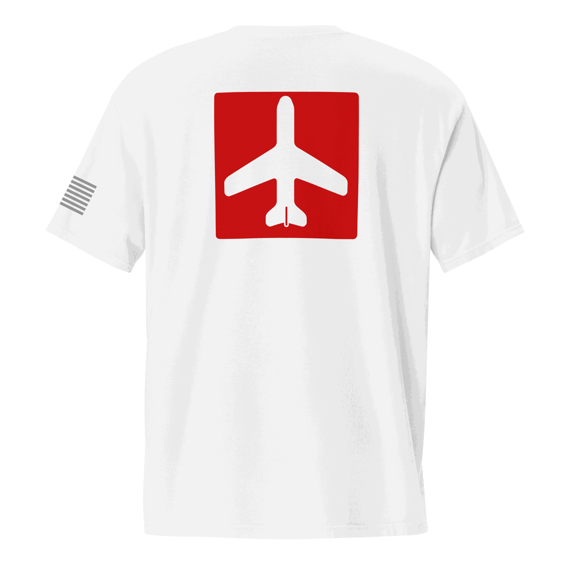 White Airplane Shirt with red airplane graphic on back and American flag on sleeve, unisex pocket tee for pilots and aviation enthusiasts