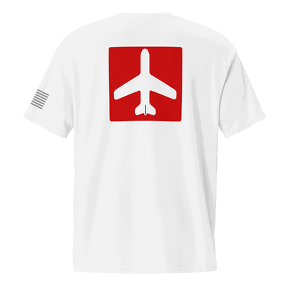 White Airplane Shirt with red airplane graphic on back and American flag on sleeve, unisex pocket tee for pilots and aviation enthusiasts