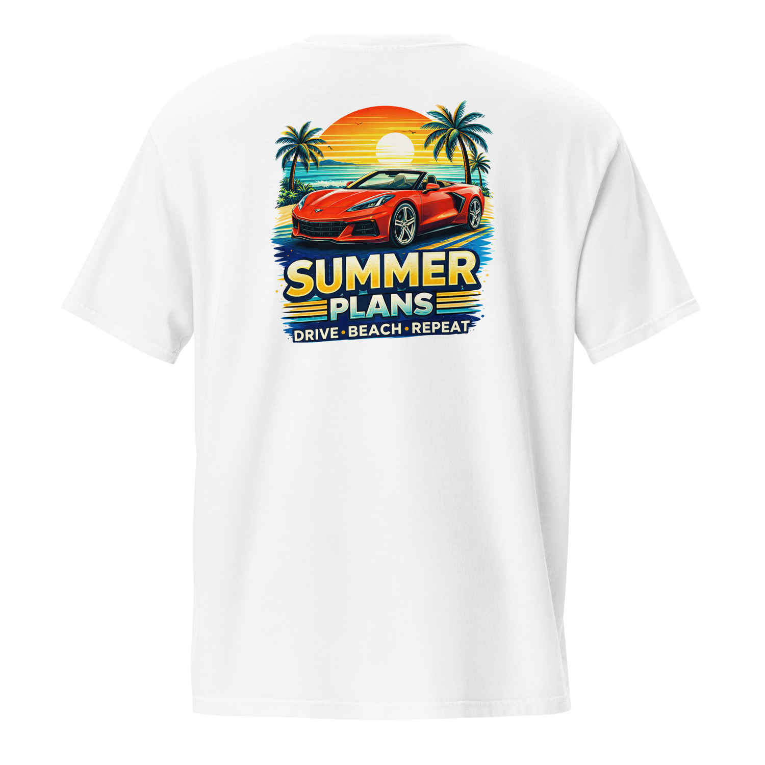Summer Corvette pocket t-shirt featuring a colorful design with palm trees and a car, perfect for summer wear.