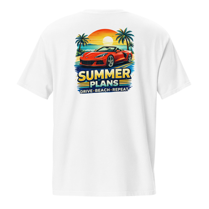 Summer Corvette pocket t-shirt featuring a colorful design with palm trees and a car, perfect for summer wear.