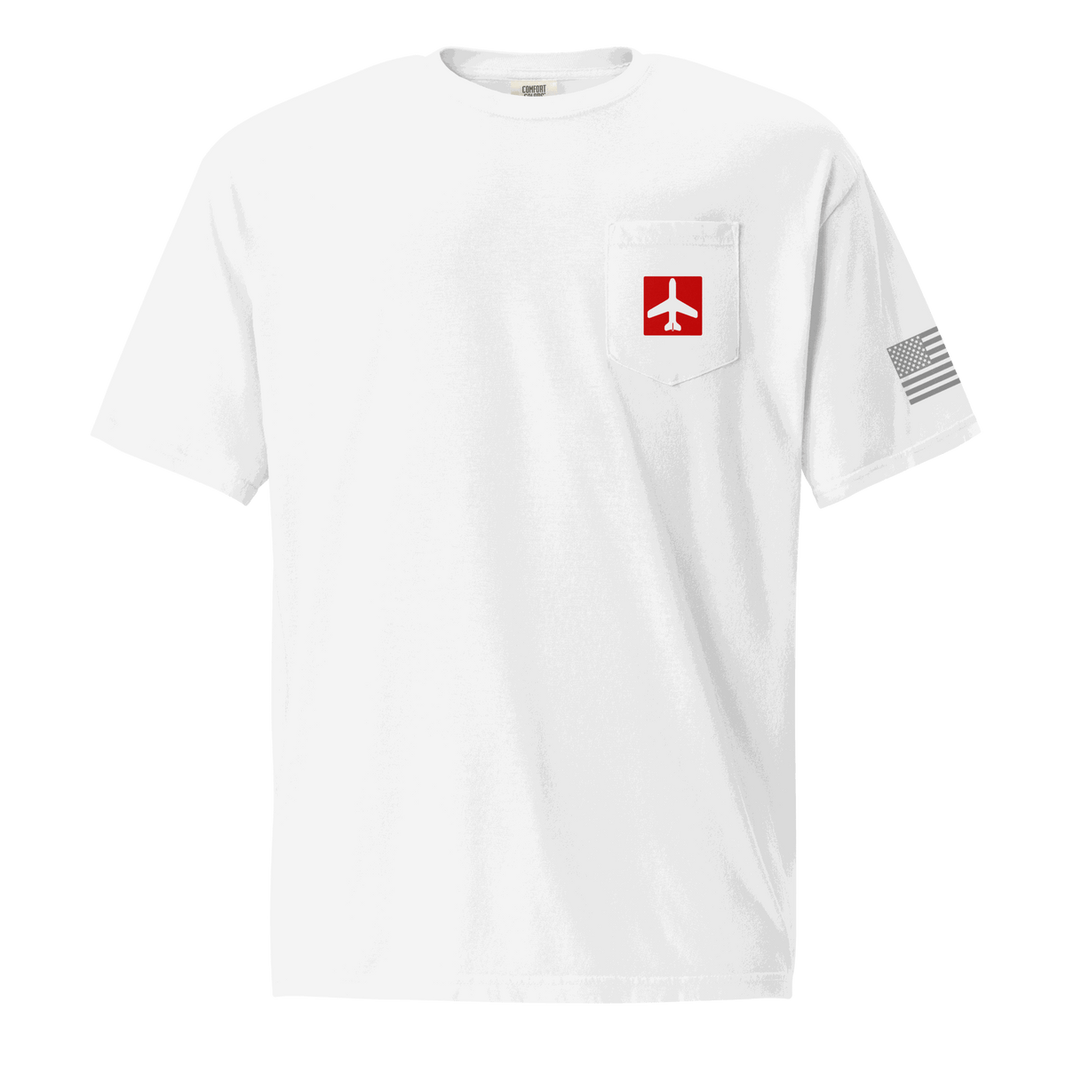 White Airplane Shirt pocket t-shirt with red airplane icon and American flag on sleeve, unisex pilot gift shirt