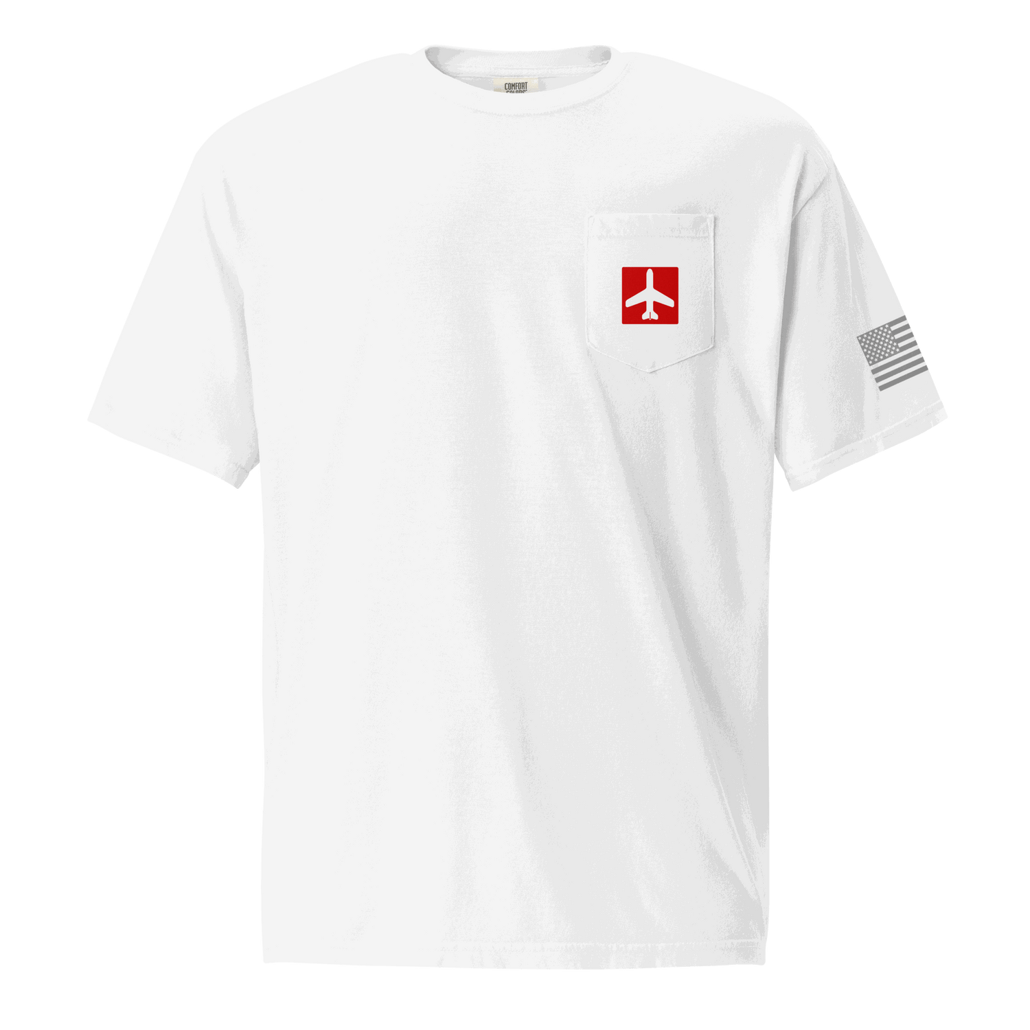 White Airplane Shirt pocket t-shirt with red airplane icon and American flag on sleeve, unisex pilot gift shirt