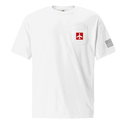 White Airplane Shirt pocket t-shirt with red airplane icon and American flag on sleeve, unisex pilot gift shirt