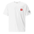 White Airplane Shirt pocket t-shirt with red airplane icon and American flag on sleeve, unisex pilot gift shirt