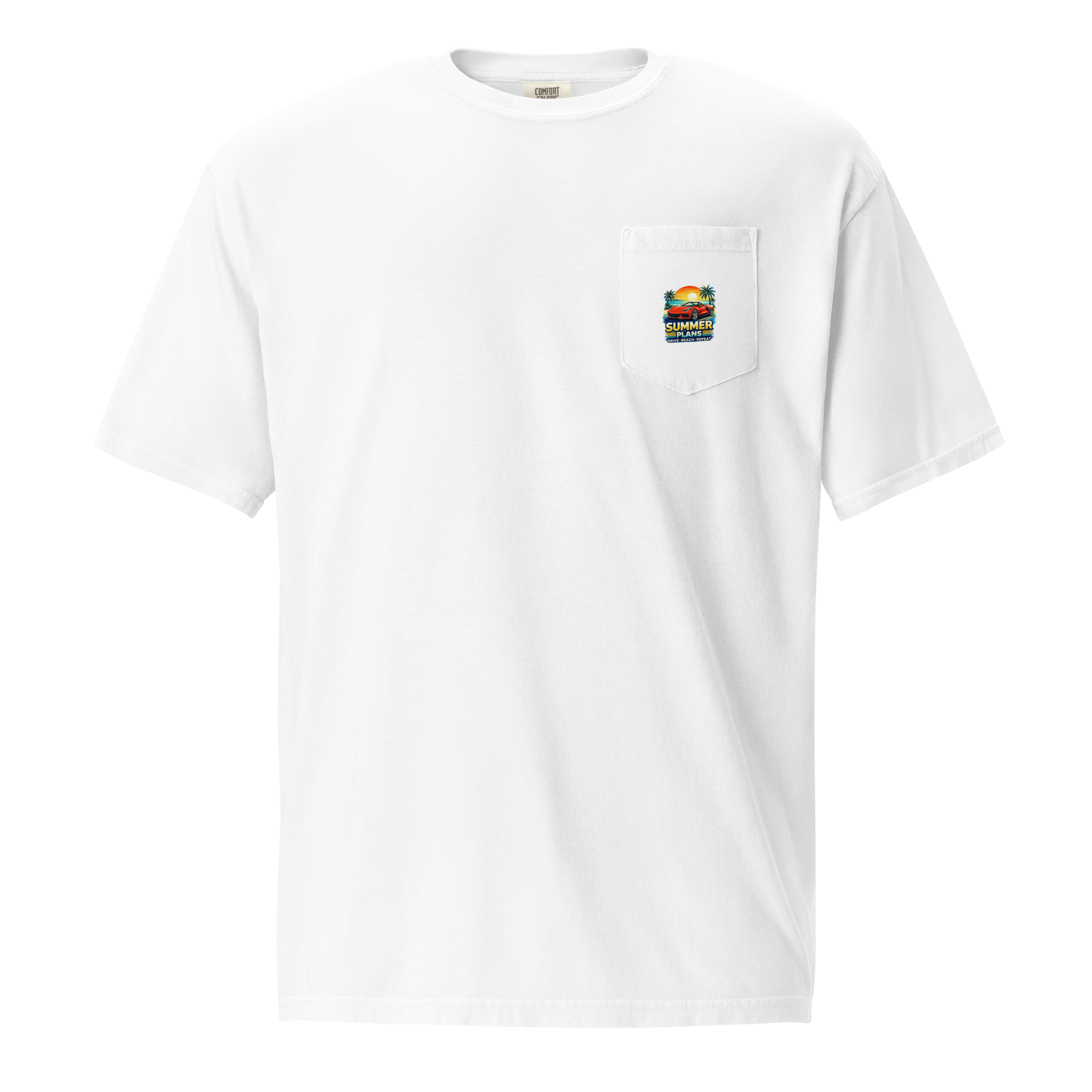 Summer Corvette pocket t-shirt featuring a colorful pocket design on a white background.