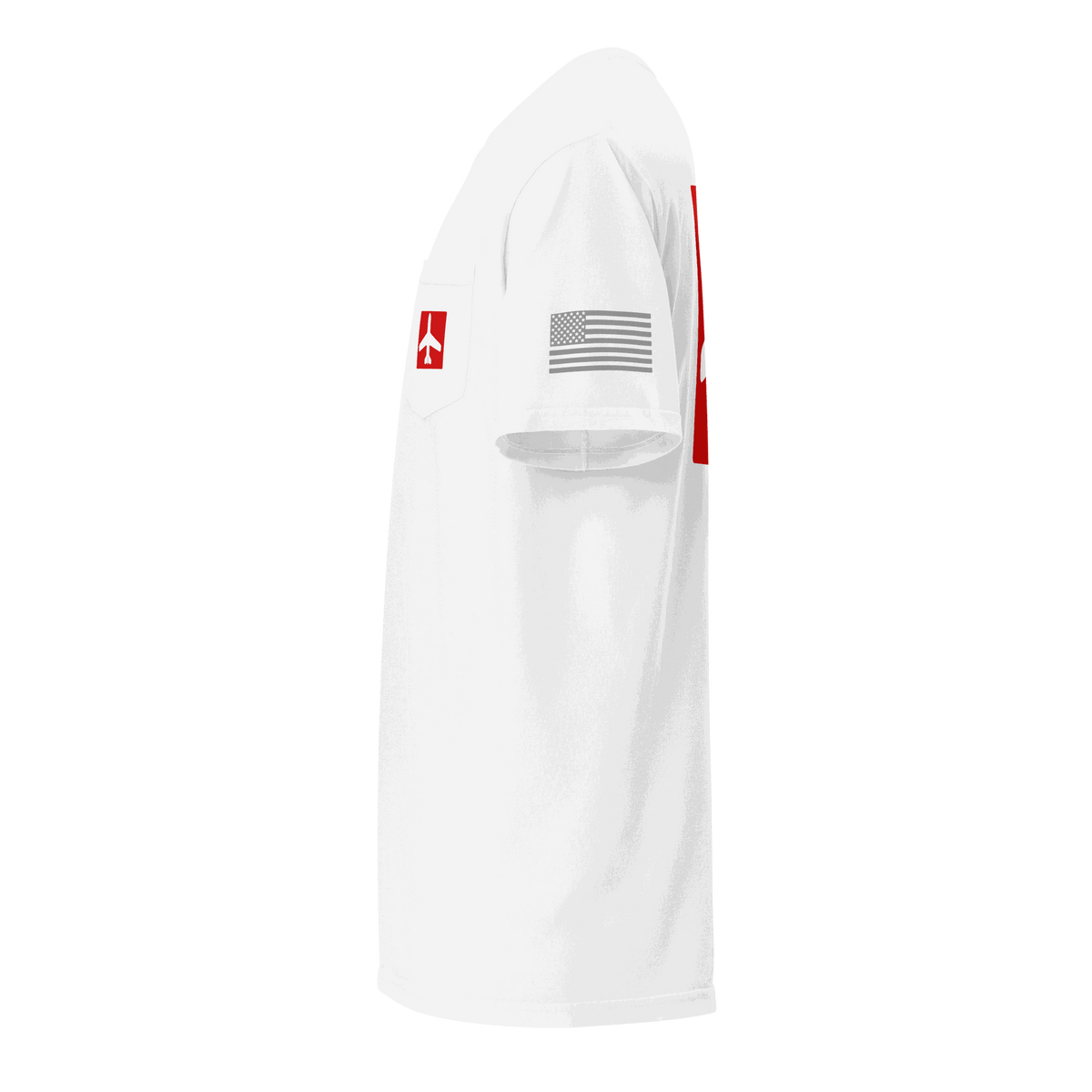 White Airplane Shirt with pocket and American flag sleeve detail, side view, pilot gift tee