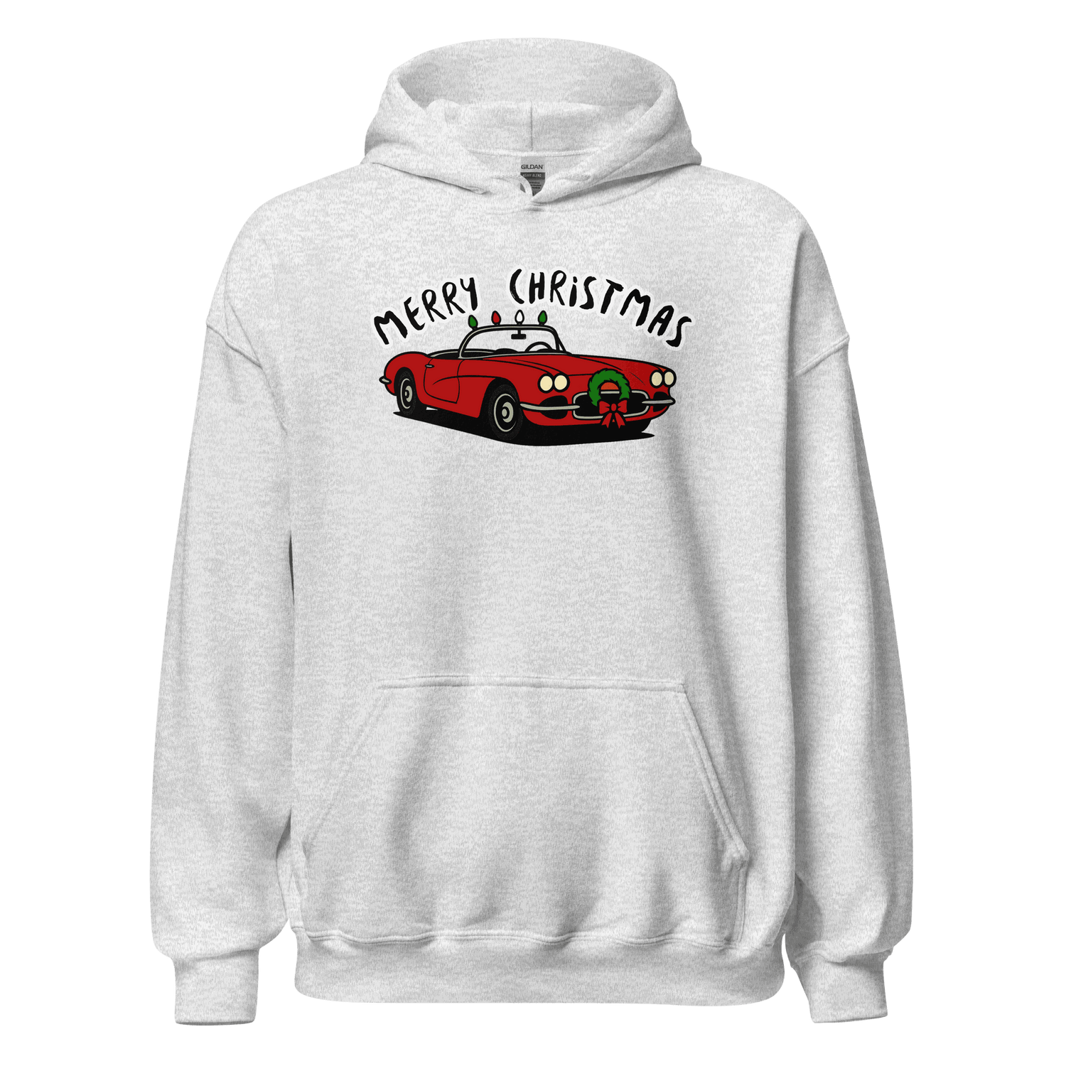 Christmas Sports Car Hoodie with red sports car and Merry Christmas text on white cozy pullover hoodie