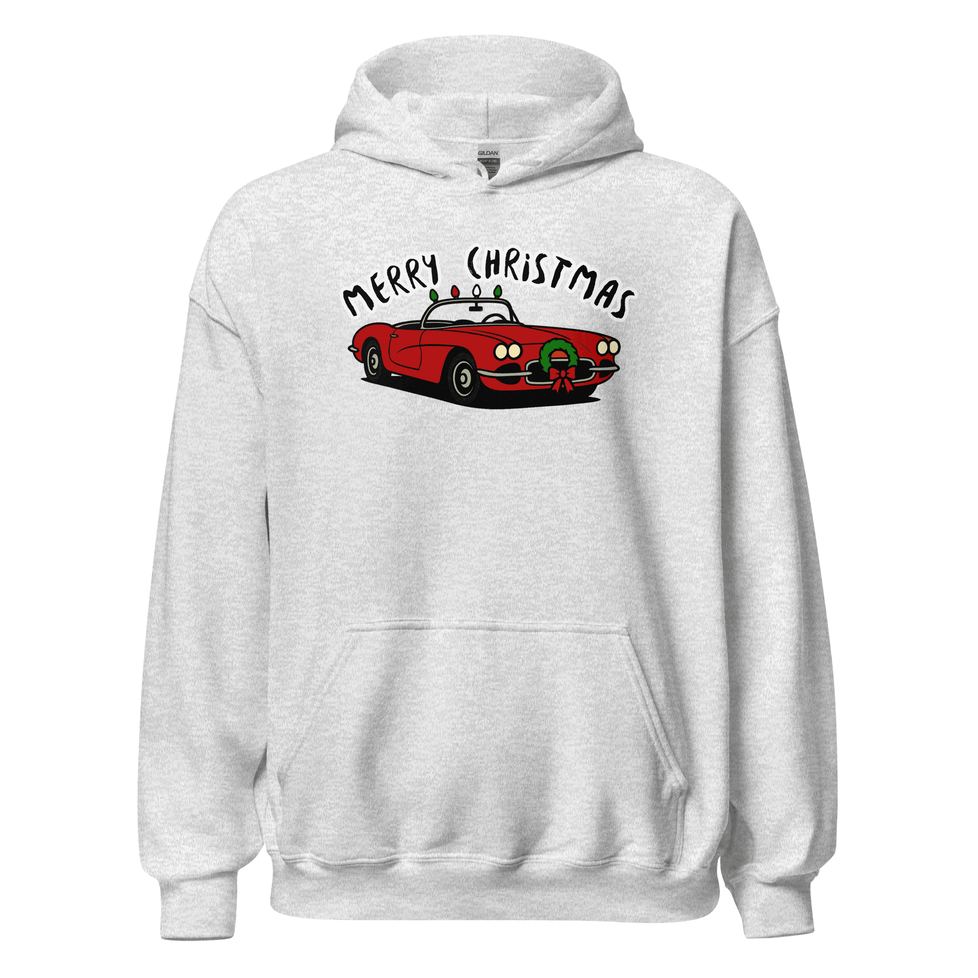 Christmas Sports Car Hoodie with red sports car and Merry Christmas text on white cozy pullover hoodie