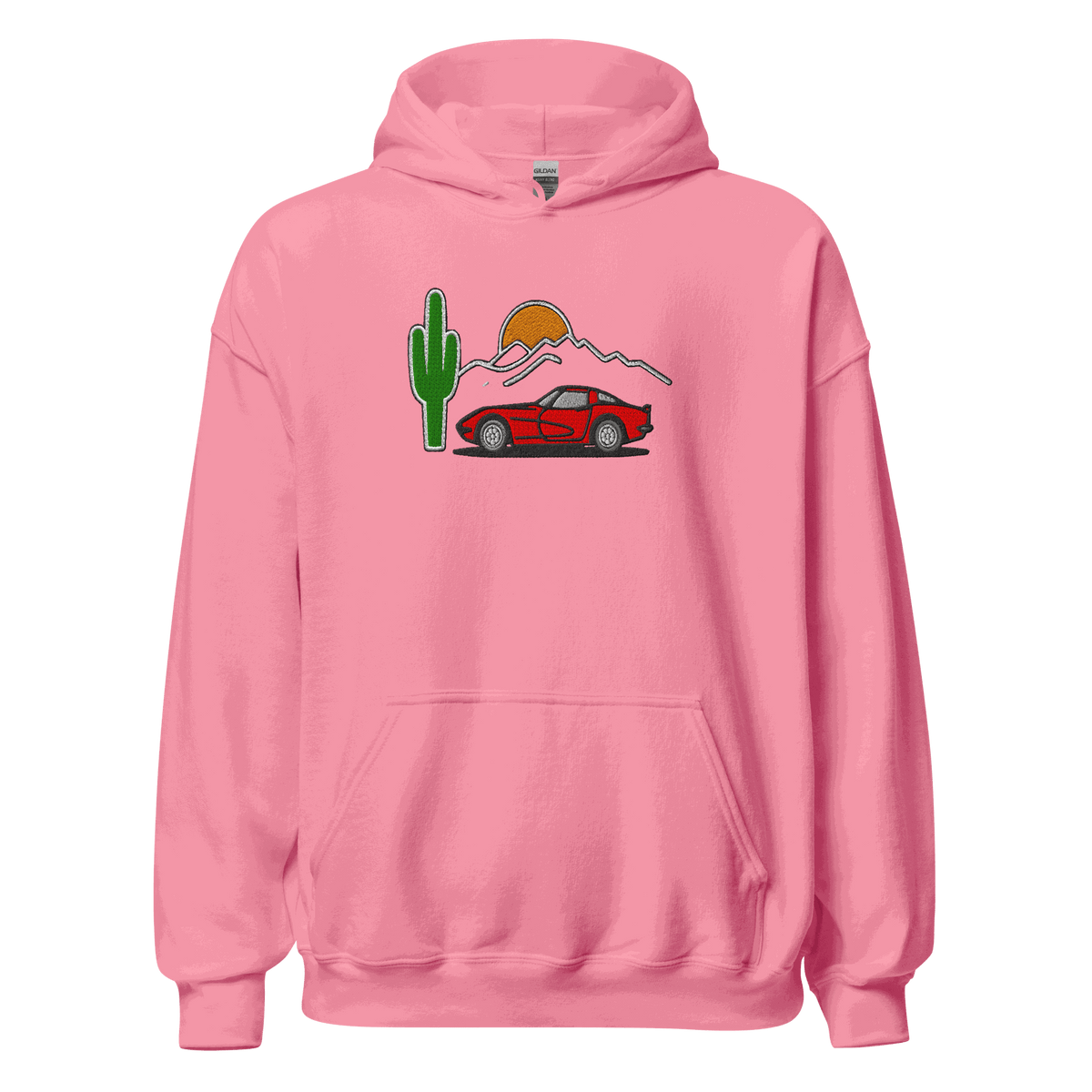 Unisex esports racing hoodie with embroidered high-octane car silhouette, plush fleece blend, hooded streetwear design