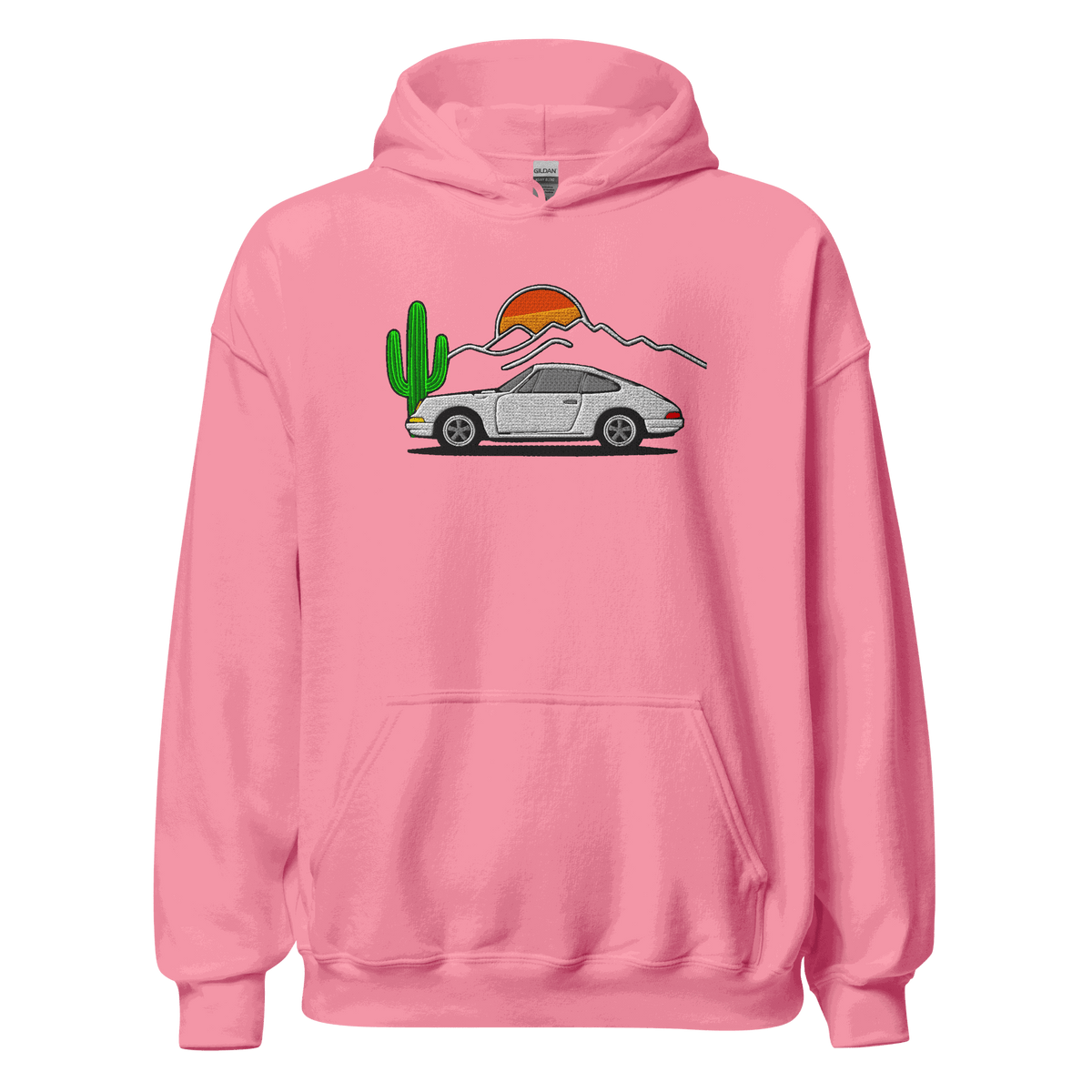 Unisex embroidered sports car hoodie with sleek line-art design and fleece interior for car enthusiasts