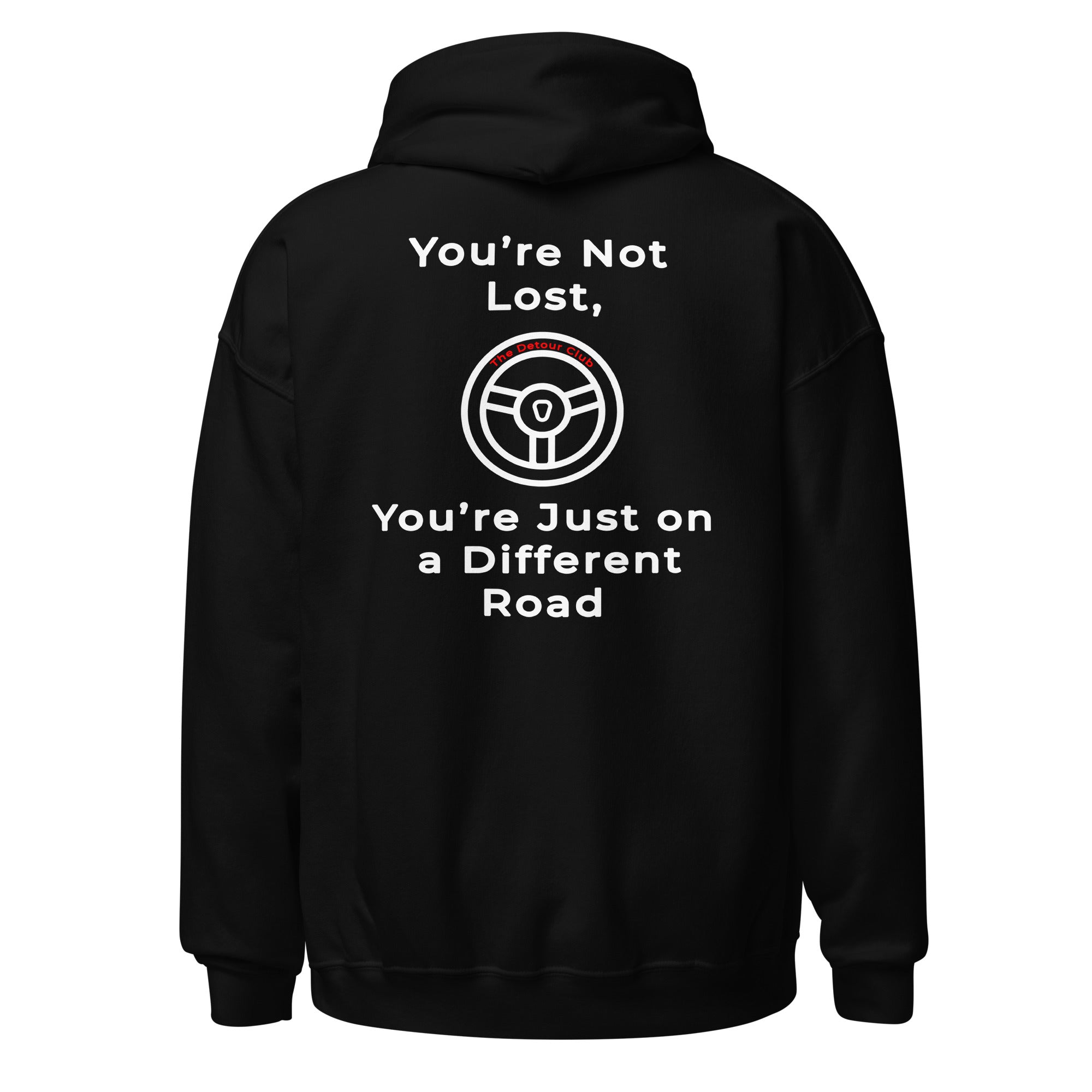 Black hoodie with motivational quote on the back