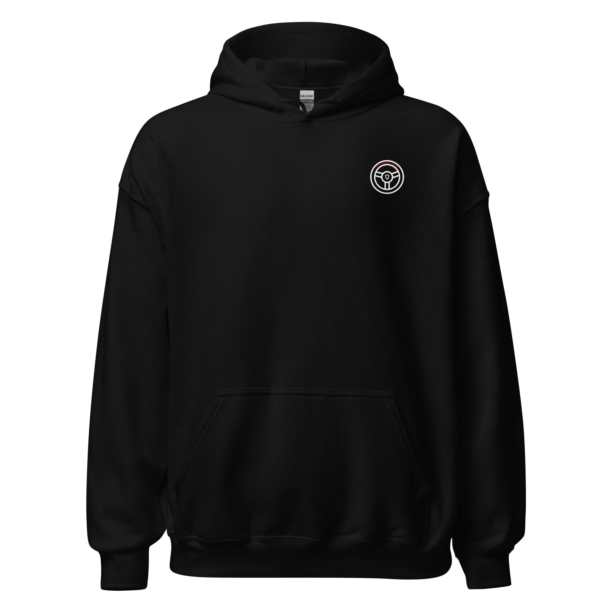 Black hoodie with a logo on the chest against a white background