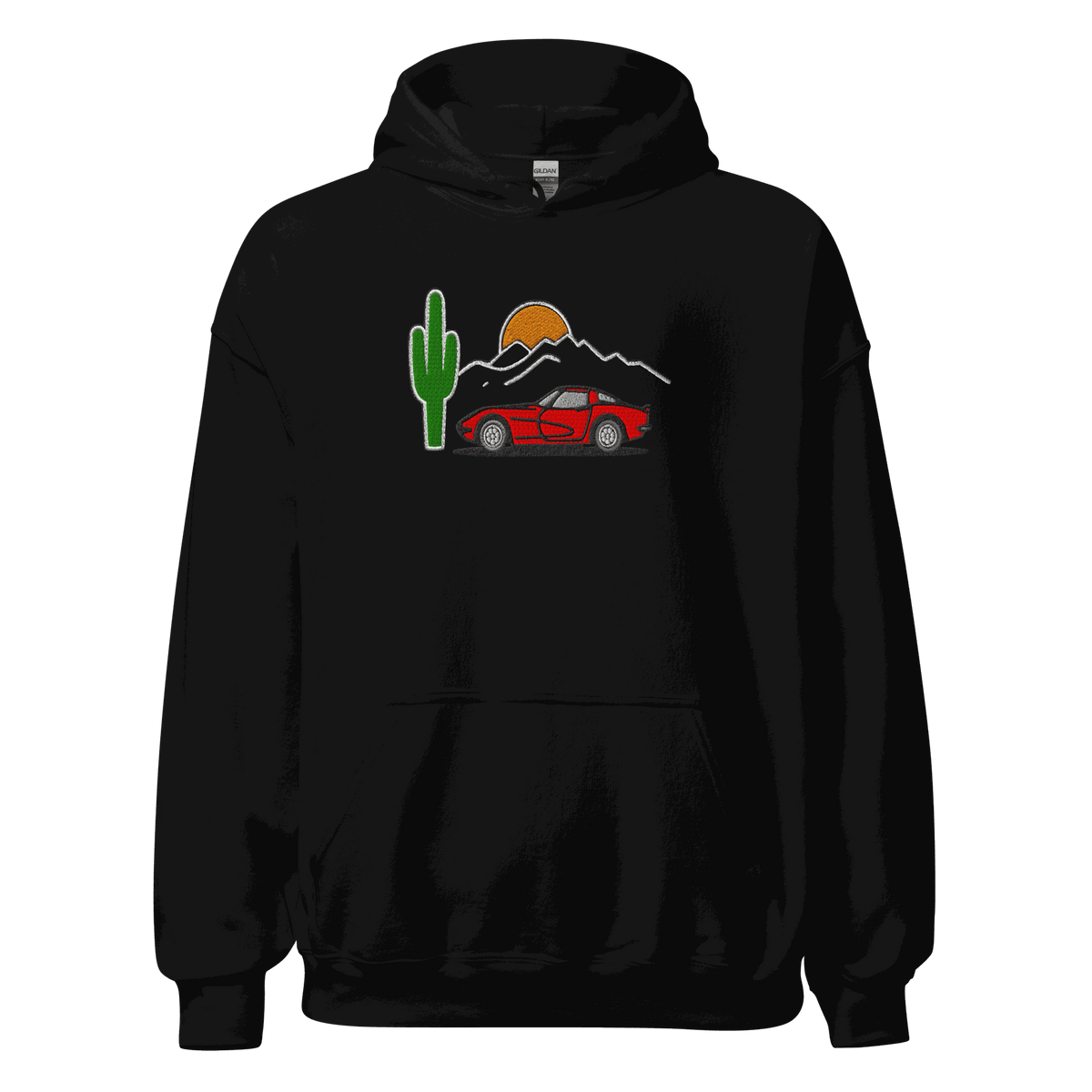 Unisex esports racing hoodie with embroidered racing car silhouette, premium fleece blend, hooded design, and kangaroo pocket in dark navy