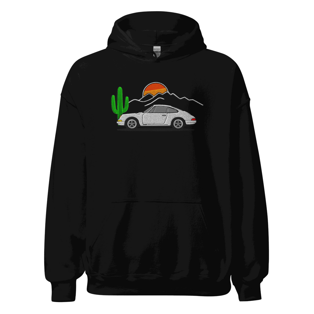 Black unisex hoodie with embroidered sports car and desert sunset design, soft fleece interior, and front pouch pocket