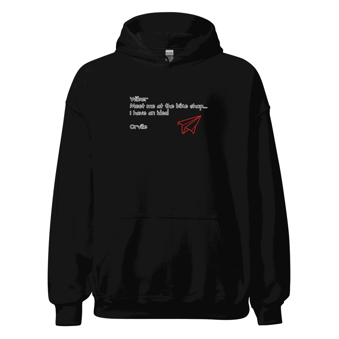 Black Bike Shop Unisex Hoodie with red paper airplane graphic and white text design