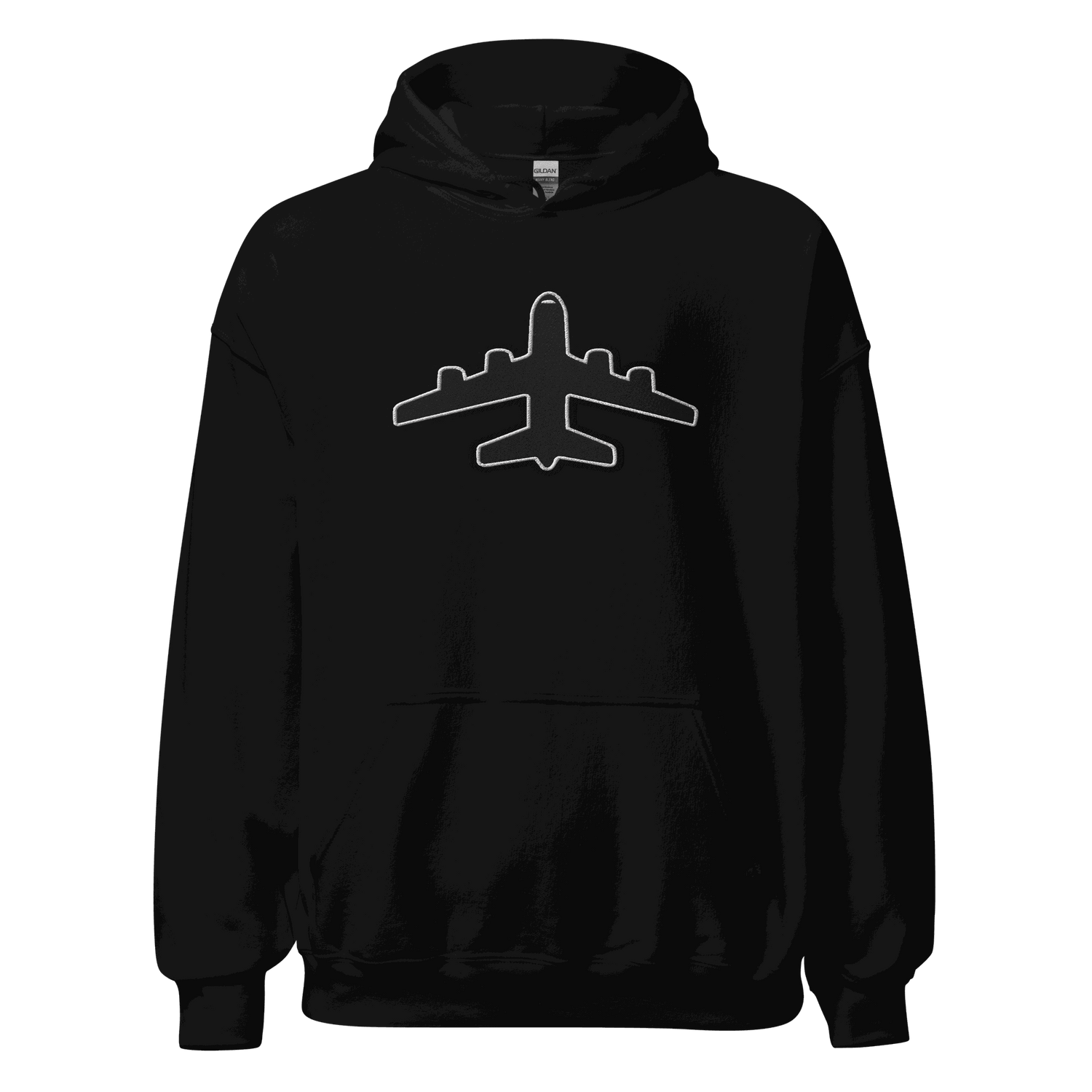 Black Jet pilot hoodie Unisex Hoodie with airplane graphic, soft cotton-polyester blend, double-lined hood, and front pouch pocket