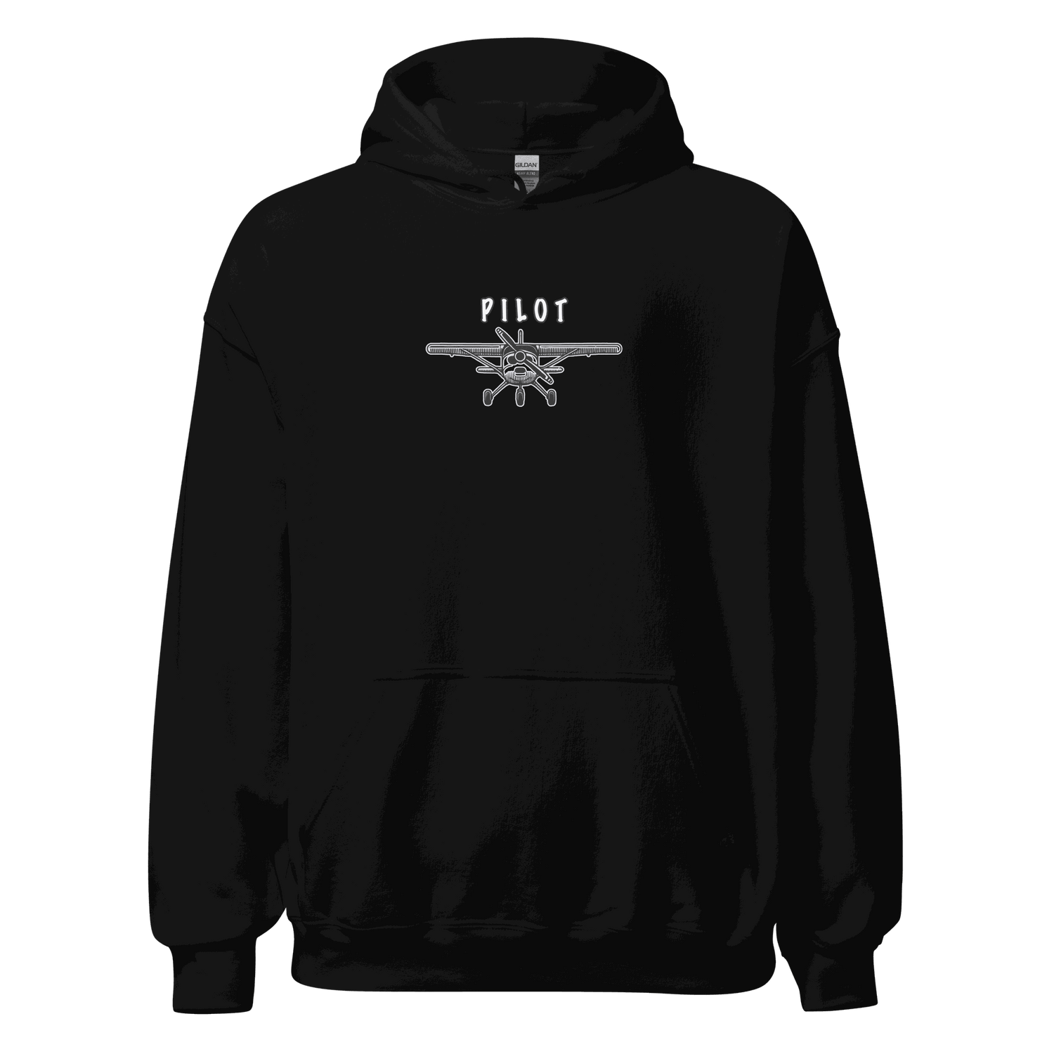 Black Aviation Pilot Unisex Hoodie with airplane graphic and &quot;PILOT&quot; text on front