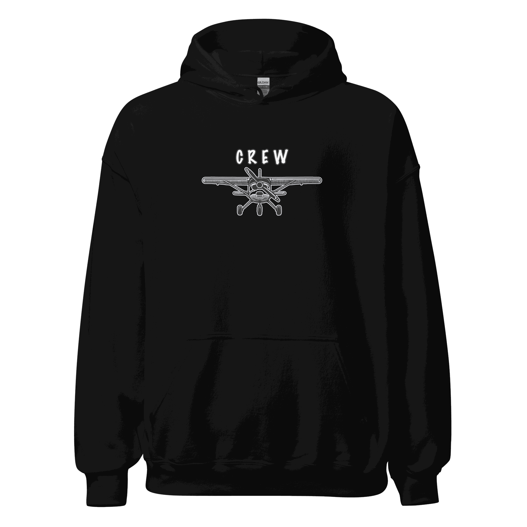 Black Crew Unisex Hoodie with airplane graphic and front pouch pocket, made of soft cotton-polyester blend