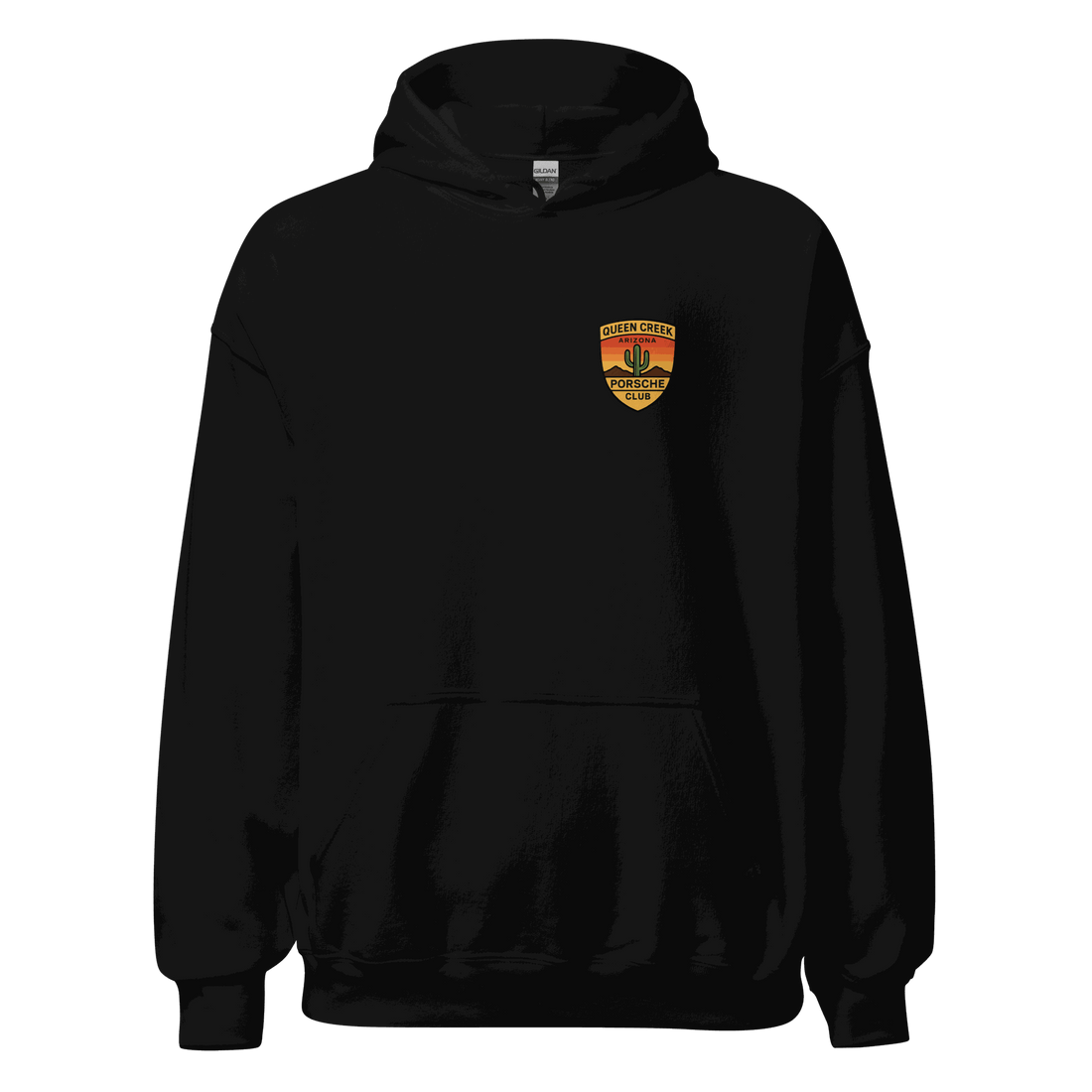 Black Queen Creek PCAR Club unisex hoodie with front pouch pocket and logo patch on chest