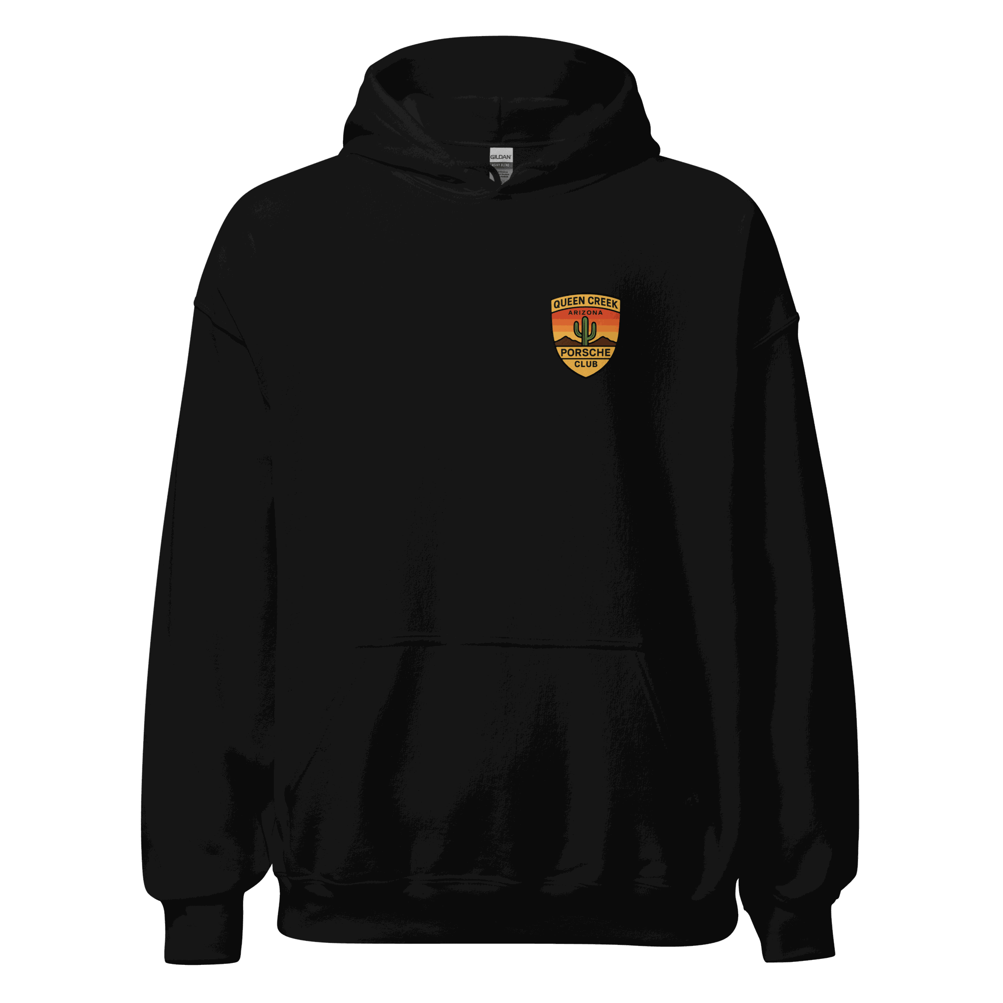 Black Queen Creek PCAR Club unisex hoodie with front pouch pocket and logo patch on chest