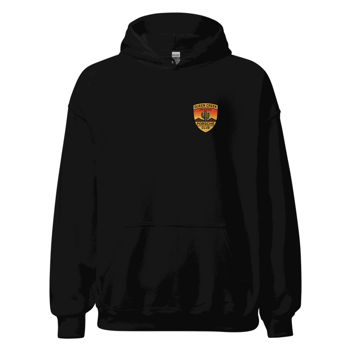 Black Queen Creek PCAR Club unisex hoodie with front pouch pocket and logo patch on chest