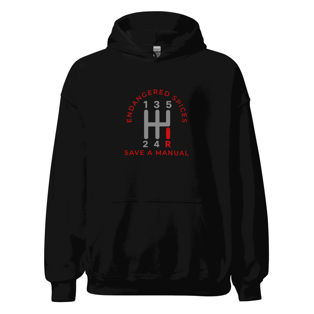 Black automotive hoodie with red and gray manual gear shift graphic and &quot;Endangered Species Save A Manual&quot; text, soft and durable fabric