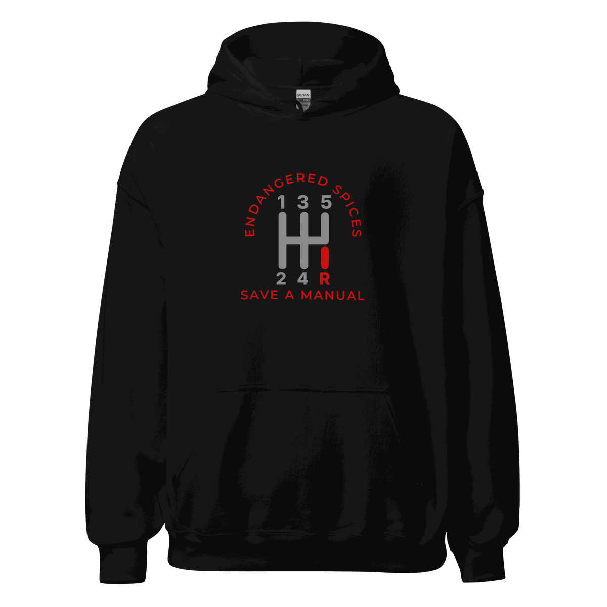 Black automotive hoodie with red and gray manual gear shift graphic and "Endangered Species Save A Manual" text, soft and durable fabric