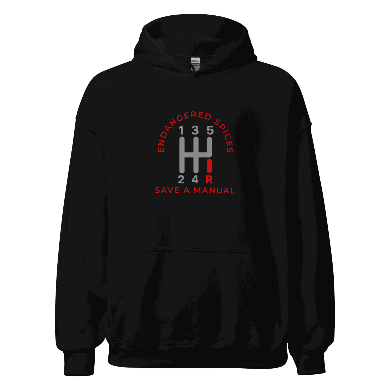 Black automotive hoodie with red and gray manual gear shift graphic and &quot;Endangered Species Save A Manual&quot; text, soft and durable fabric