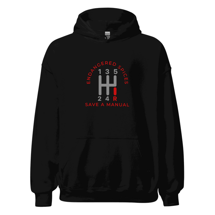 Black automotive hoodie with red and gray manual gear shift graphic and "Endangered Species Save A Manual" text, soft and durable fabric
