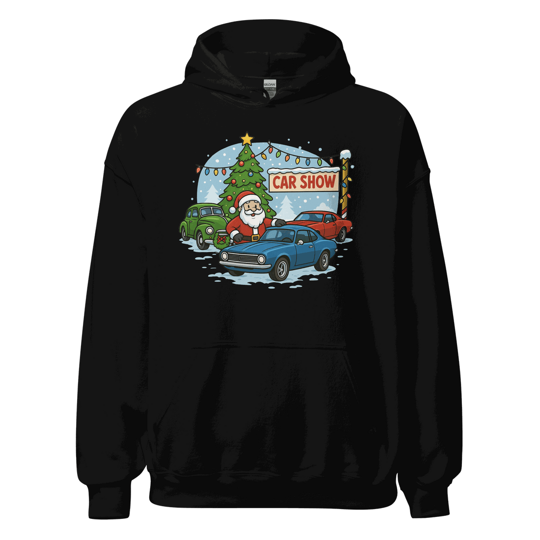 Black Car Show Christmas Hoodie with Santa, classic cars, and decorated Christmas tree design