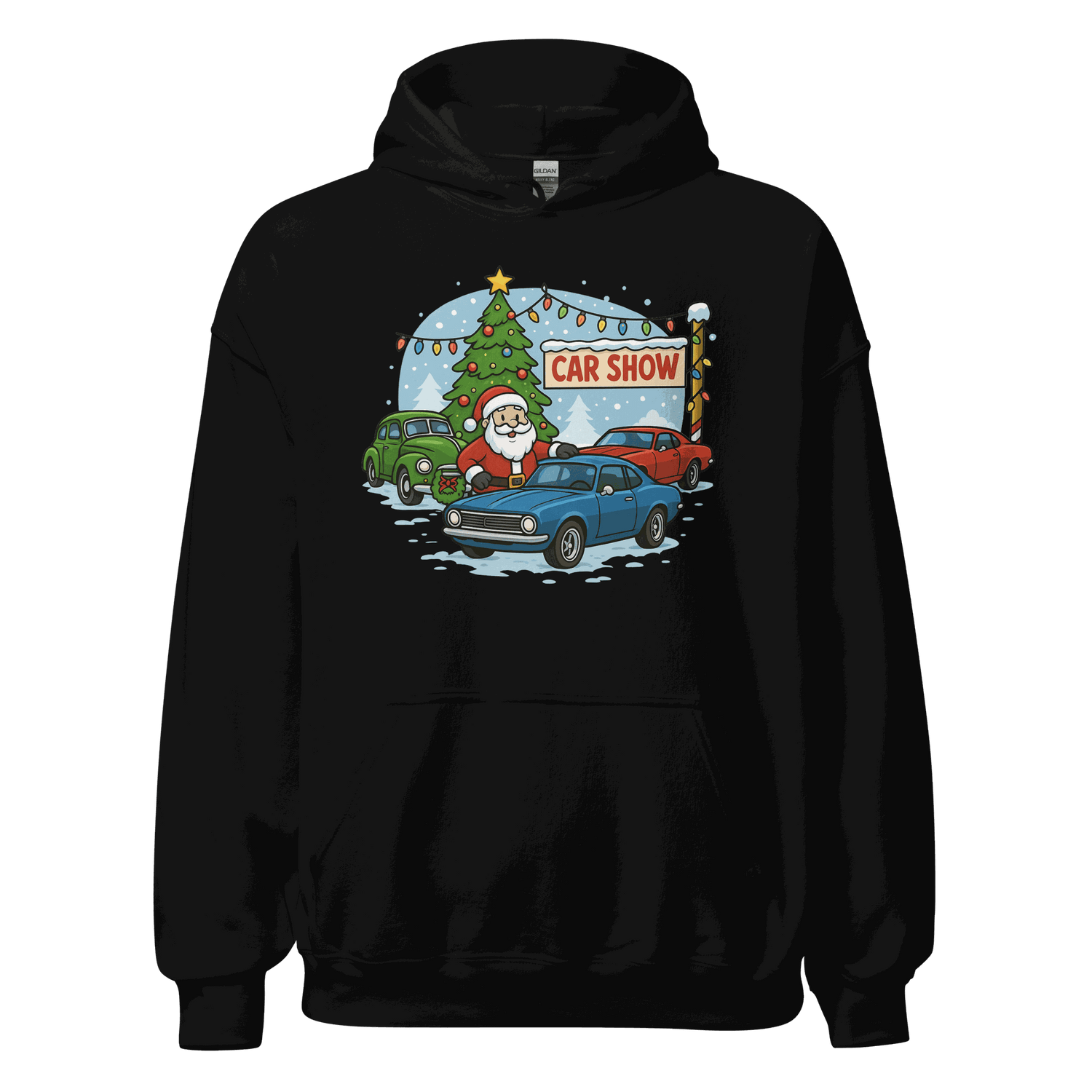 Black Car Show Christmas Hoodie with Santa, classic cars, and decorated Christmas tree design