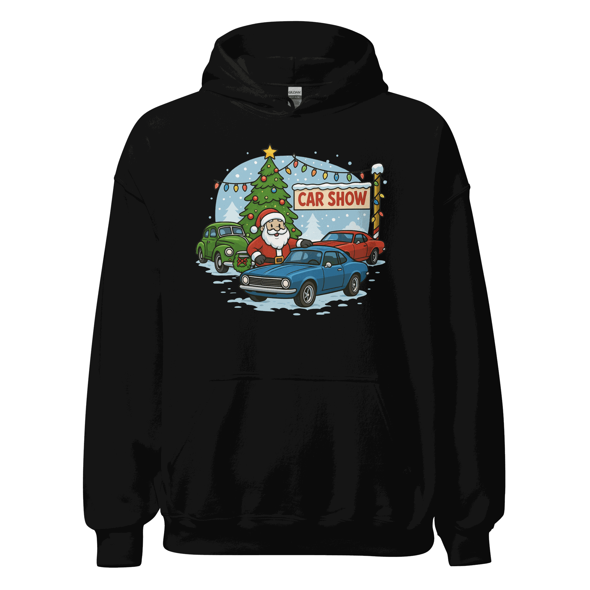 Black Car Show Christmas Hoodie with Santa, classic cars, and decorated Christmas tree design