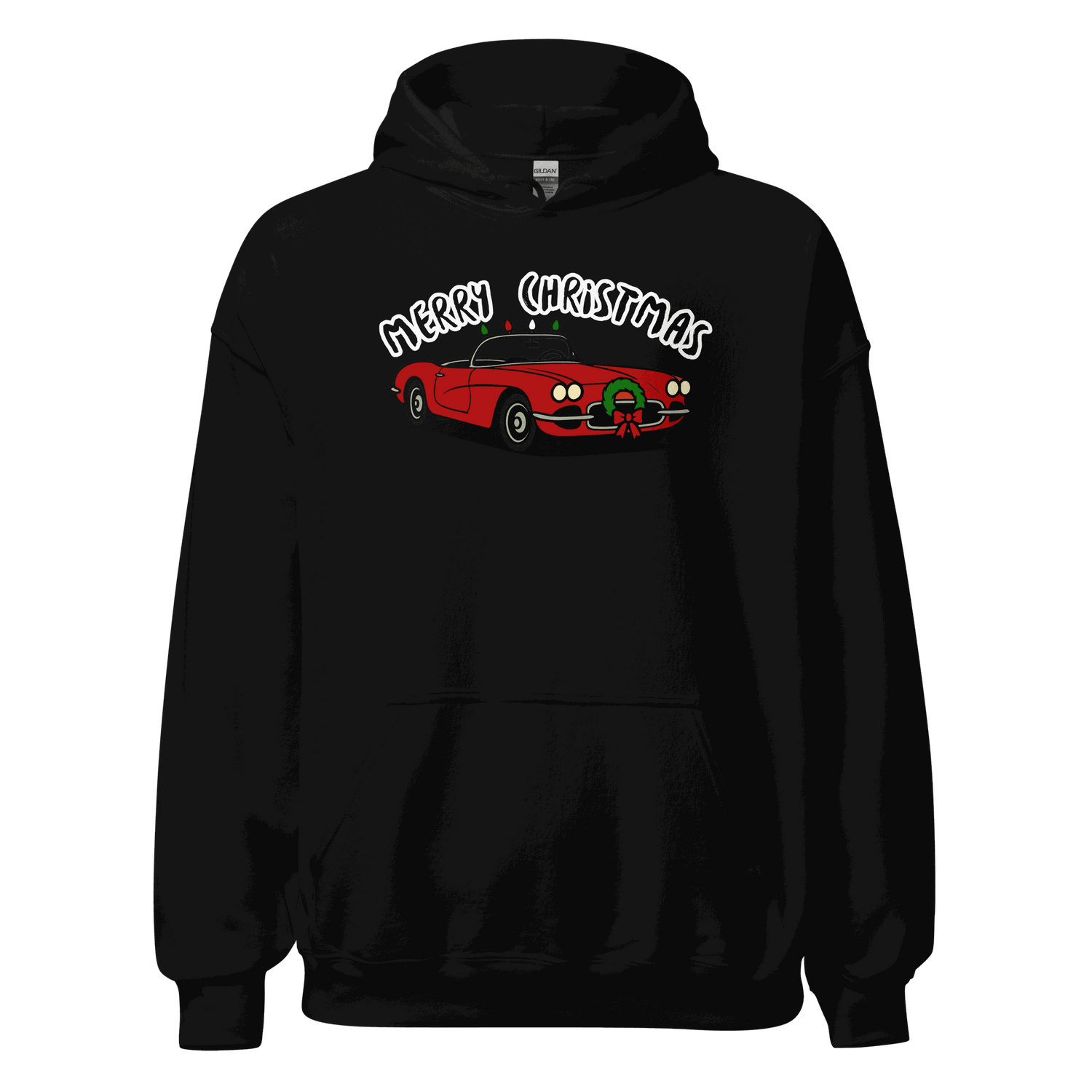 Black Christmas sports car hoodie with festive red car and Merry Christmas text design