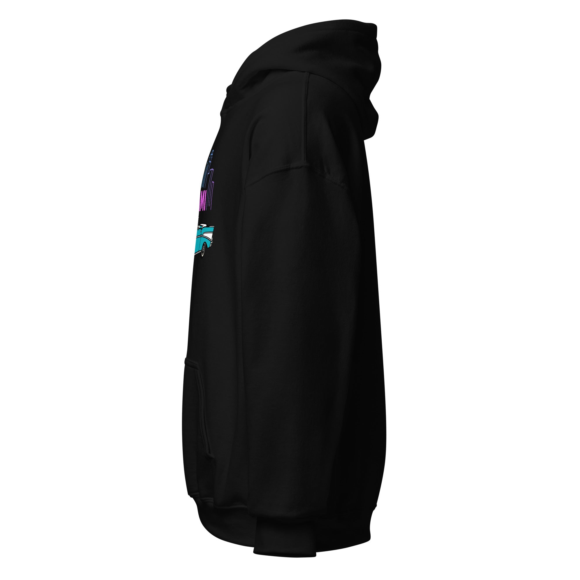 Unisex cotton hoodie in black, side view, showcasing its soft fabric and stylish design.