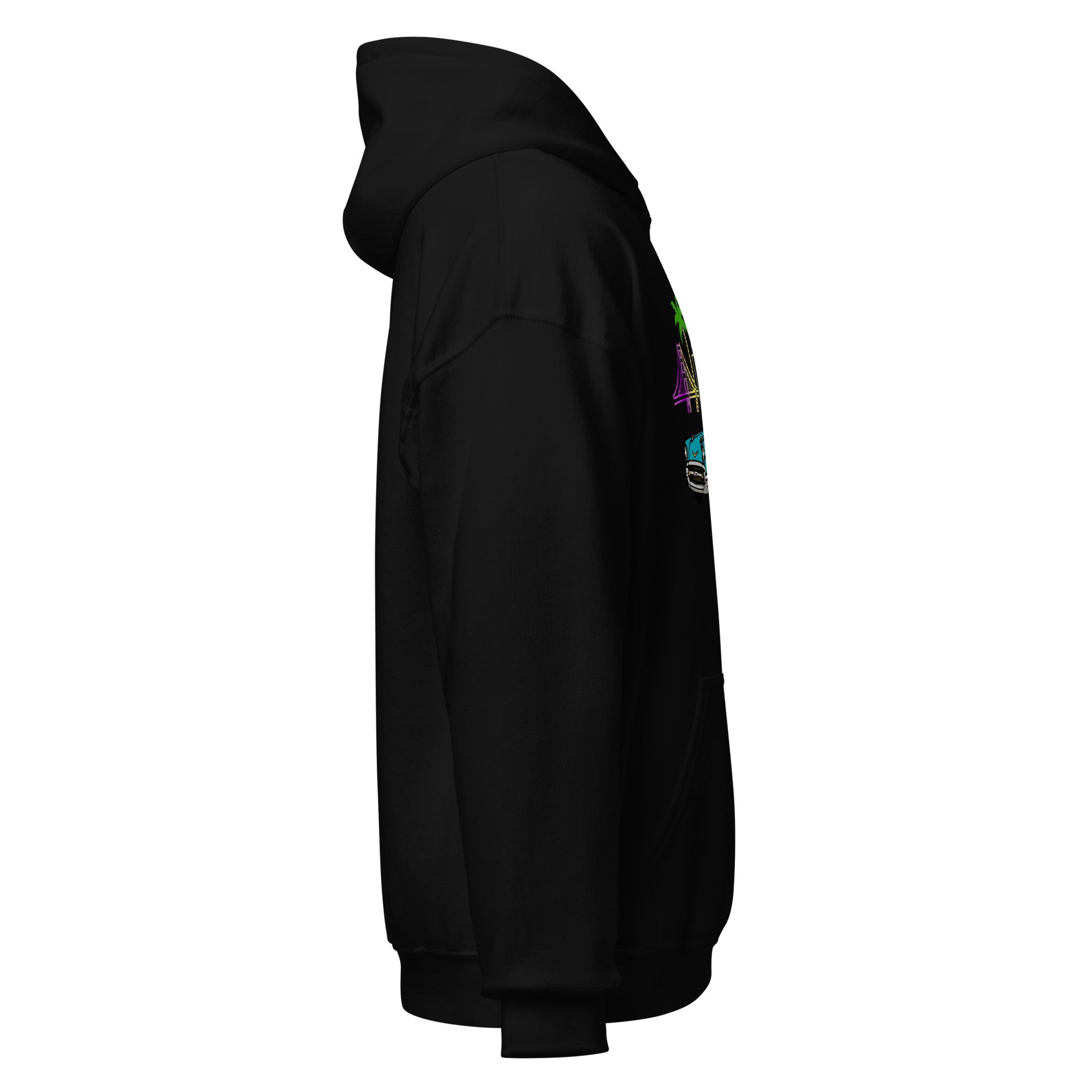 Unisex cotton hoodie in black from the side, showcasing its soft cotton material and stylish design.