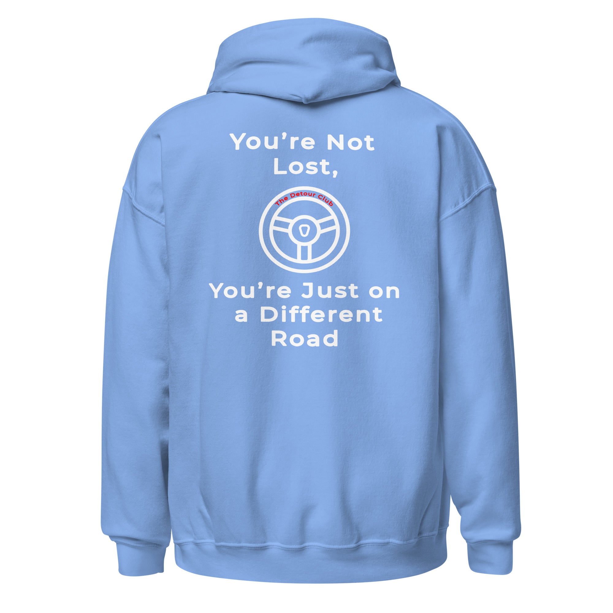 Light blue hoodie with text and steering wheel graphic on the back against a white background