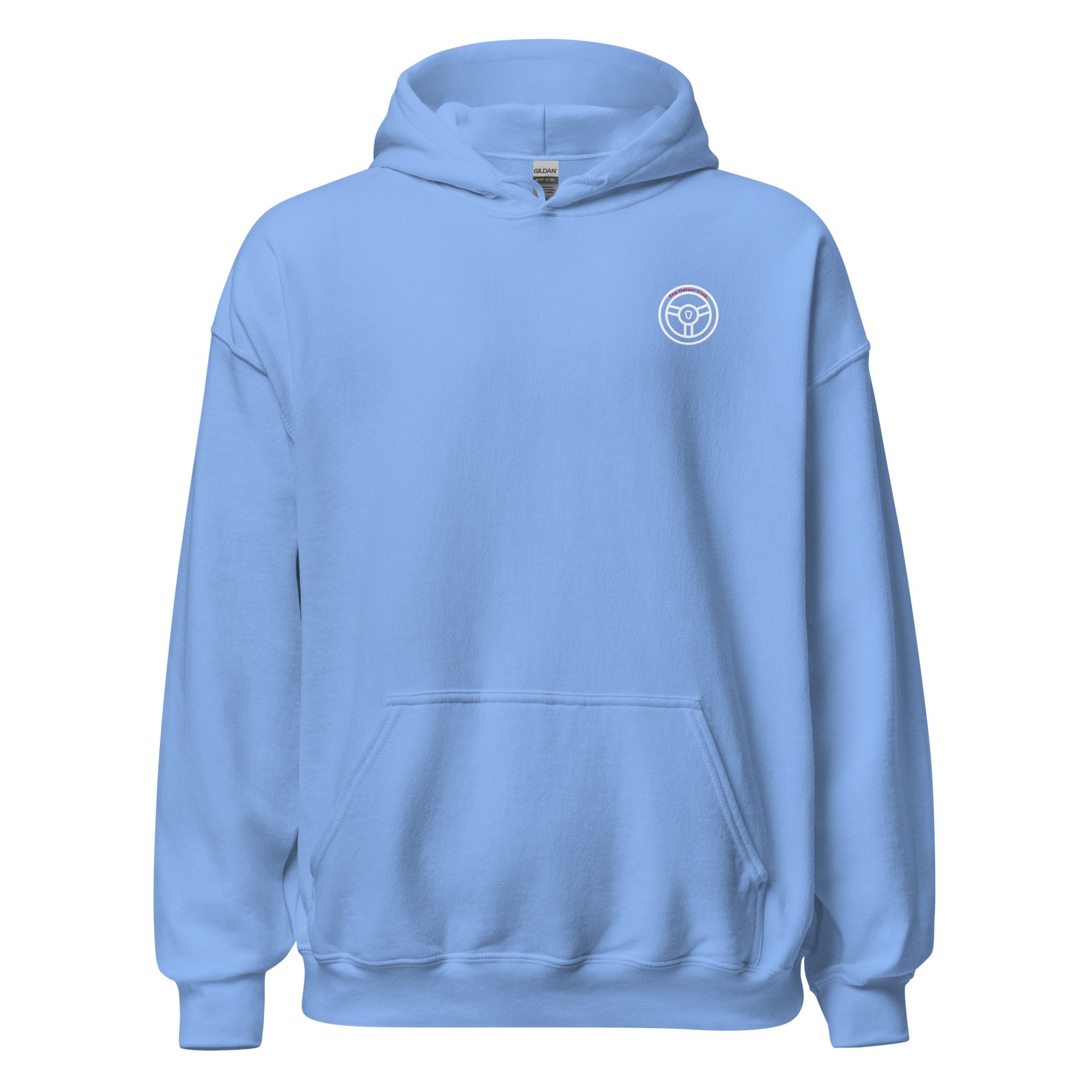 Light blue hoodie with a small logo on the chest against a white background