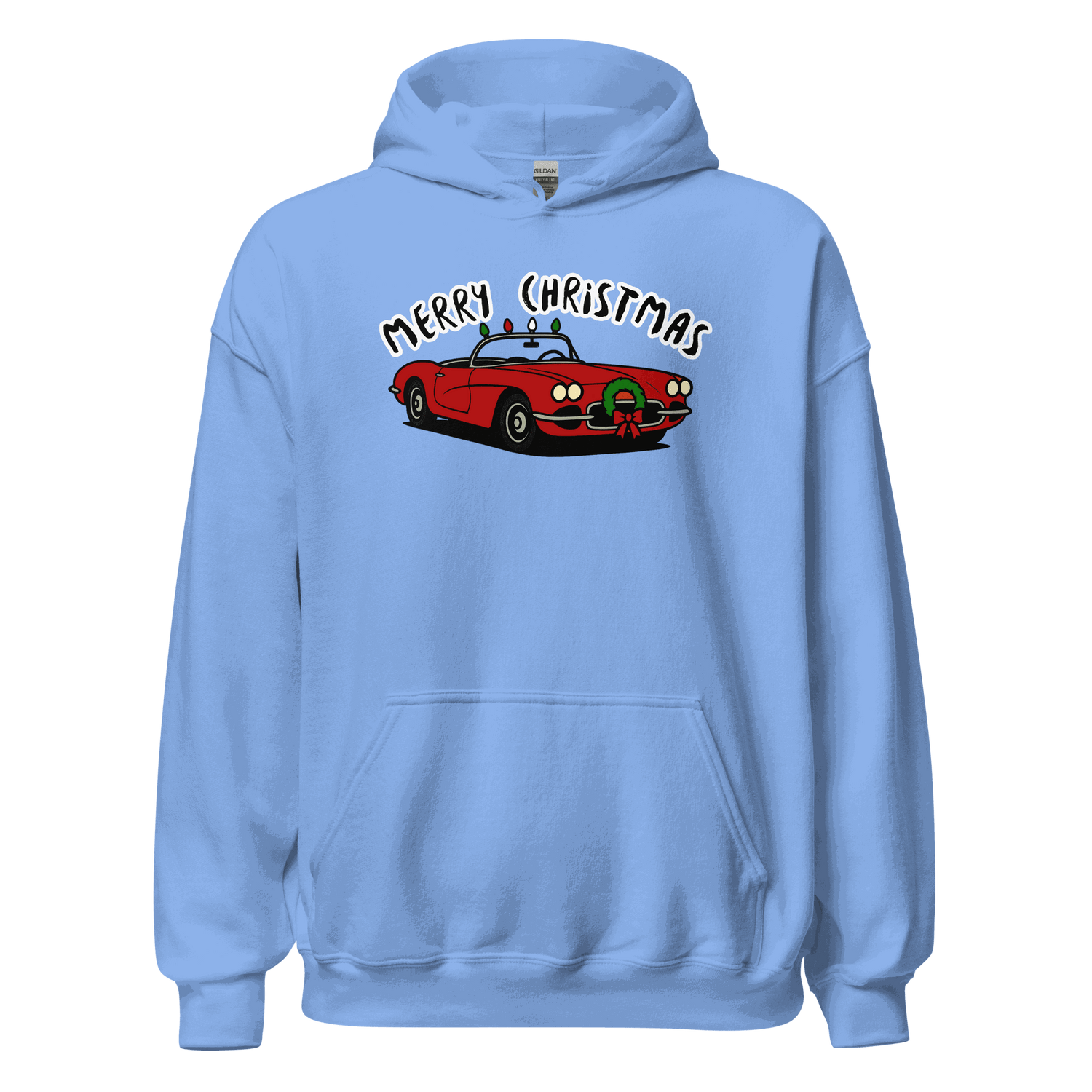 Light blue Christmas Sports Car Hoodie with red sports car and festive wreath design