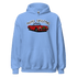Light blue Christmas Sports Car Hoodie with red sports car and festive wreath design