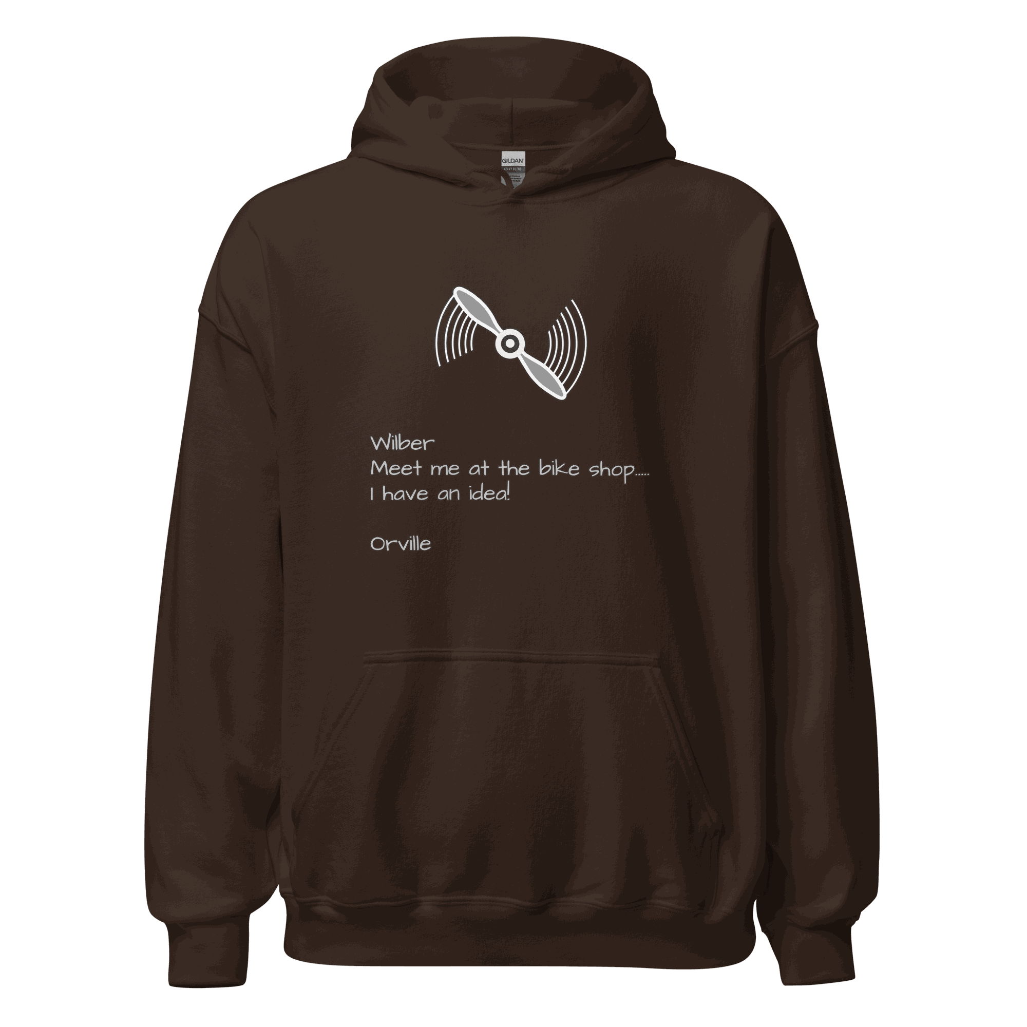 Wilber and Orville Bike Shop Hoodie brown soft cotton-polyester blend with bike propeller graphic and front pouch pocket