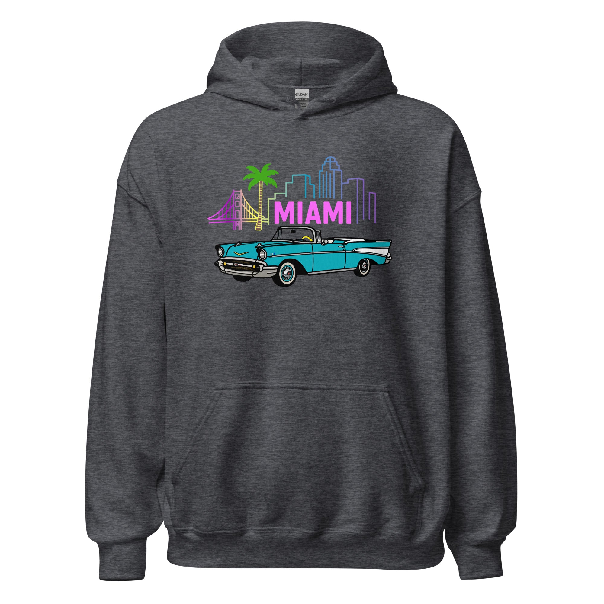 Unisex cotton hoodie featuring Miami skyline and vintage car graphic on a dark gray pullover.