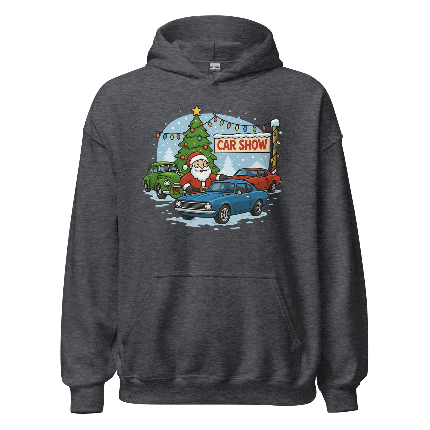 Dark navy Car Show Christmas Hoodie with festive Santa and vintage cars design, cozy cotton-poly blend sweatshirt.