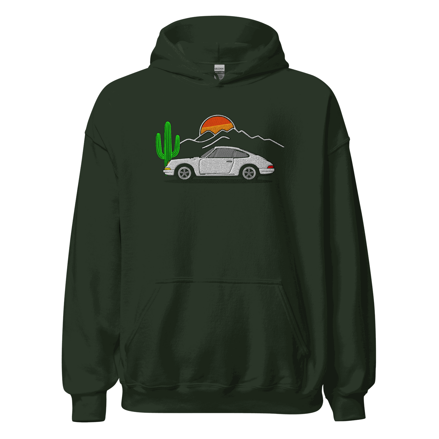 Unisex dark green hoodie with embroidered classic sports car, cactus, and sunset design