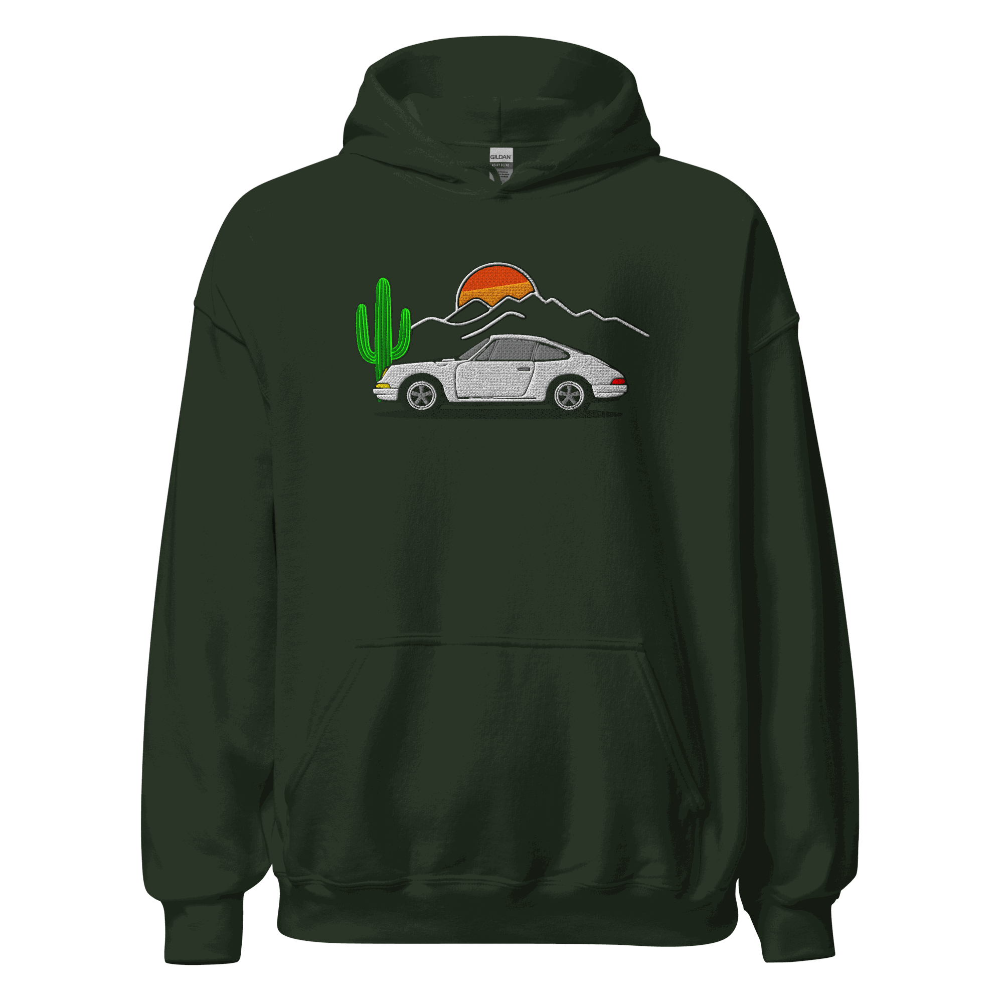 Unisex dark green hoodie with embroidered classic sports car, cactus, and sunset design