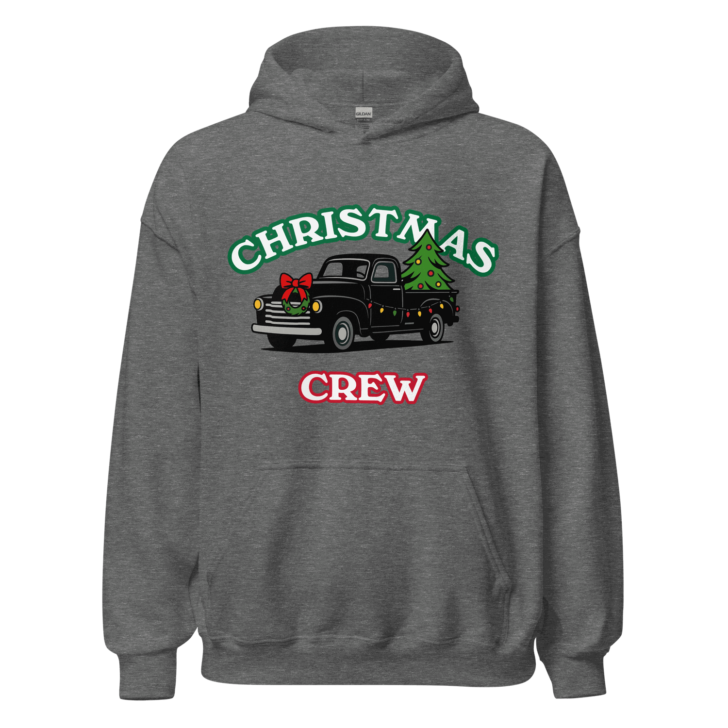 Grey Christmas Crew hoodie with vintage truck carrying Christmas tree and wreath design, cozy festive family sweatshirt