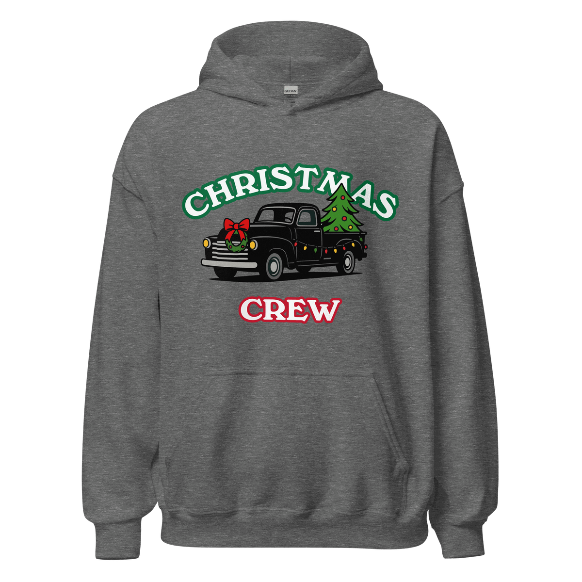 Grey Christmas Crew hoodie with vintage truck carrying Christmas tree and wreath design, cozy festive family sweatshirt